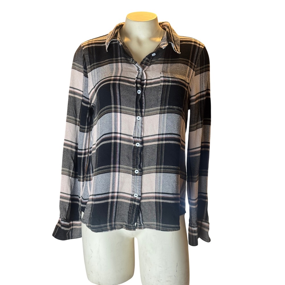 Caslon Black Plaid Flannel Button Down Shirt Long Sleeve Grunge Cabin Core M